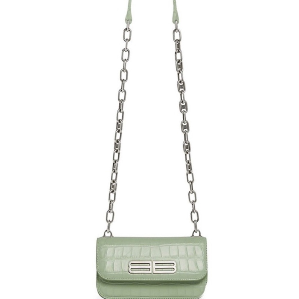 Balenciaga Mint Green Croc Embossed Bag with Chain Strap